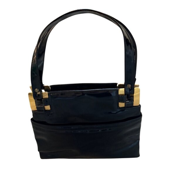 Lux Black Patent Leather Handbag Glossy VTG 60s Top Handles Gold Tone Hardware - Picture 13 of 14